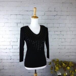 Sweaterworks Sequined Fine Knit V-neck Sweater Black Size Medium